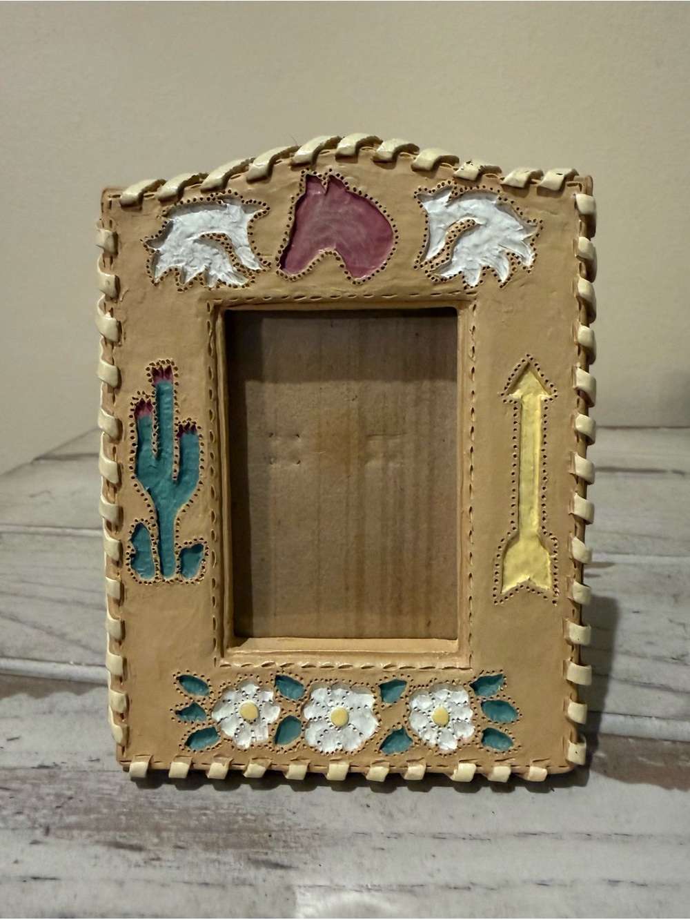 Vintage Western Faux Leather Laced Picture Frame 2x3 Cowboy Horse Cactus Arrow